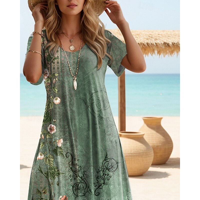 Women's Maxi Dress T Shirt Dress Tee Dress Sundress Shift Dress Summer Dress Bohemia Vacation Party Holiday Regular Fit Vintage Bohemian Short Sleeve Crew Neck Sage Green Summer Spring2