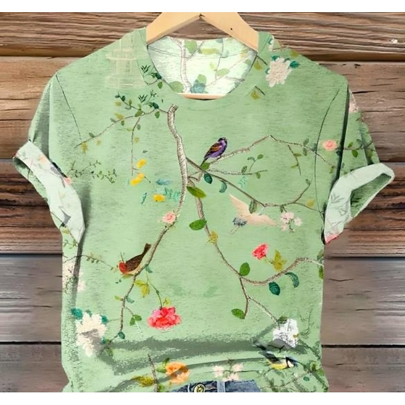 Women's T Shirt Floral Graphic Vintage Fashion Stylish Short Sleeve Round Neck Regular Tops Daily Going out Weekend Print Grass Green Summer2