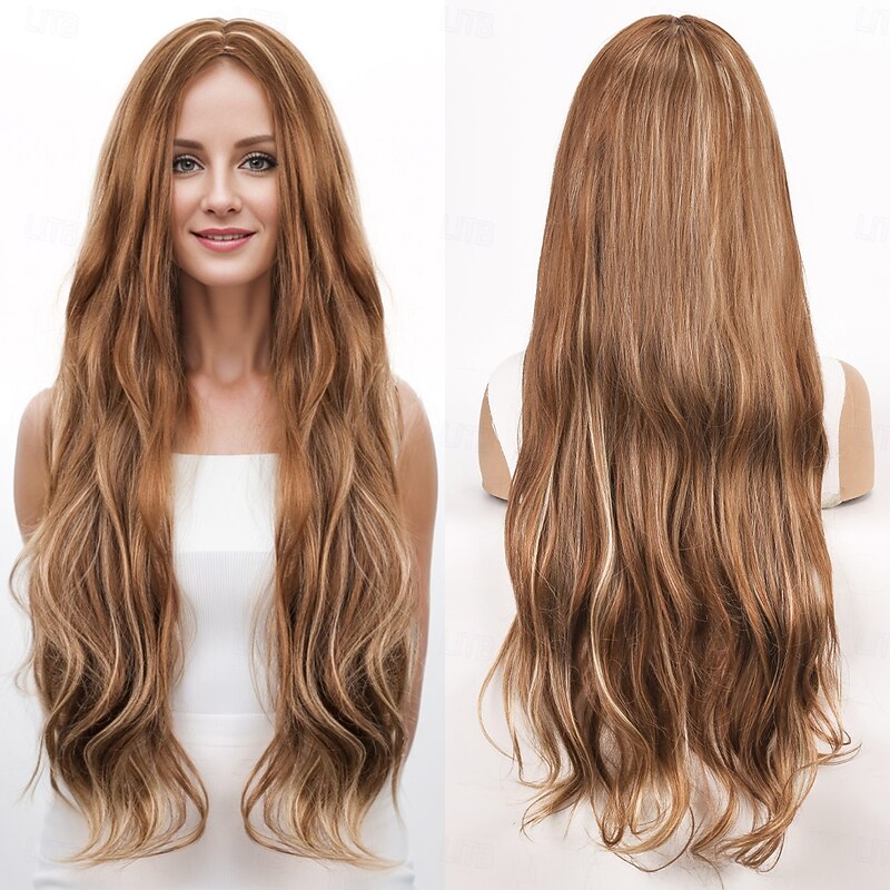 Synthetic Wig Wavy Curly Weave Layered Haircut With Bangs Machine Made Wig Long A1 Synthetic Hair Women's Classic Comfortable Color Gradient Brown