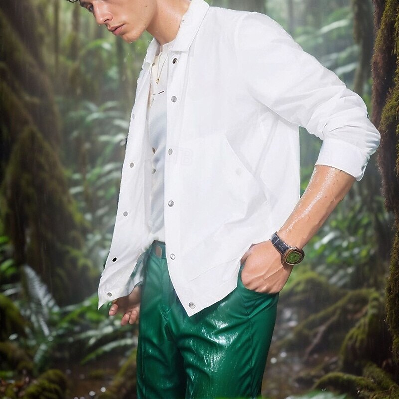 Men's Shirt Jacket Overshirts Transition Jacket Vacation Sun Protection Pocket Summer Plain Casual Lapel Regular White Orange Green Jacket4