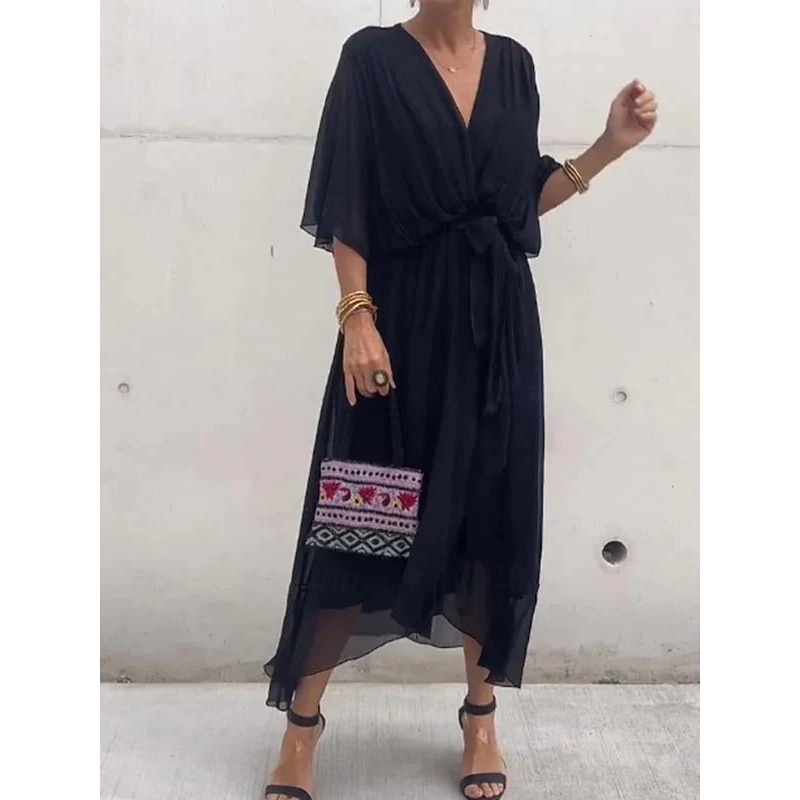 Women's Midi Dress Black Dress Casual Dress Cocktail Dress Formal Dress Basic Casual Vacation Daily Regular Fit Plain 3/4 Length Sleeve V Neck Black White Red Orange Summer Spring