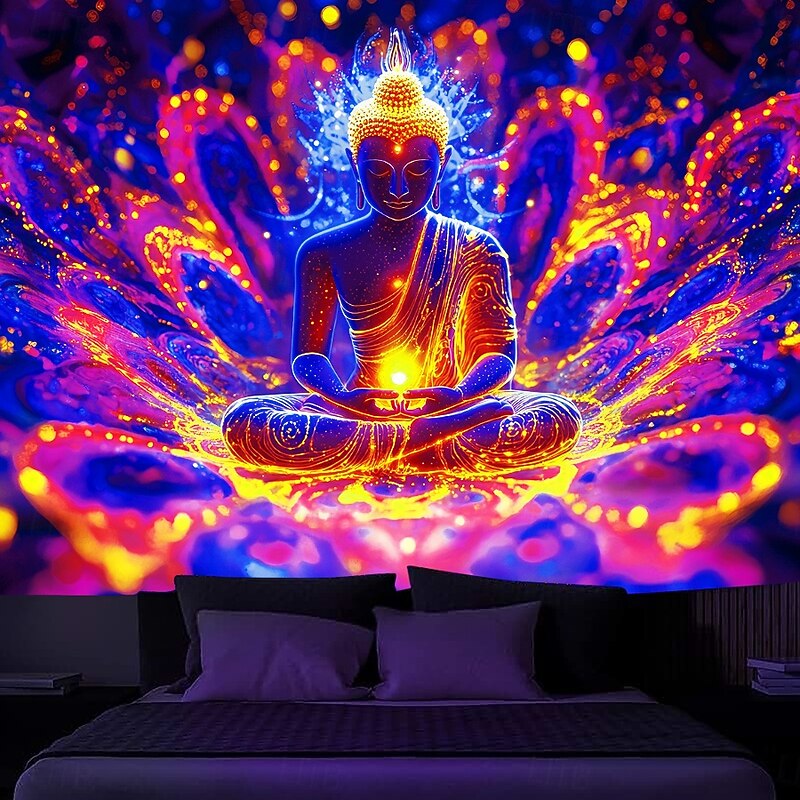 Blacklight Tapestry Glow in the Dark Glow Party UV Reactive Trippy Misty Buddha Nature Landscape Hanging Tapestry Wall Art Mural for Living Room Bedroom