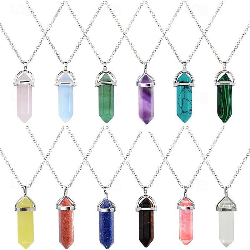 12pcs/set Natural Stone Amethyst Necklace Hexagonal Pillars Bullet Pendant Moonstone Winding Pendant Set