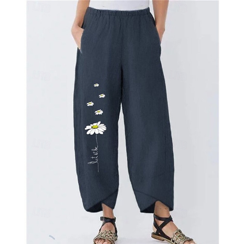 Women's Cotton Linen Pants Pants Trousers Palazzo Pants Fashion Streetwear Comfort Full Length High Waist Flower Elastic Waist Comfy Outdoor Comfortable Street Daily Wear Going out Black Dark navy
