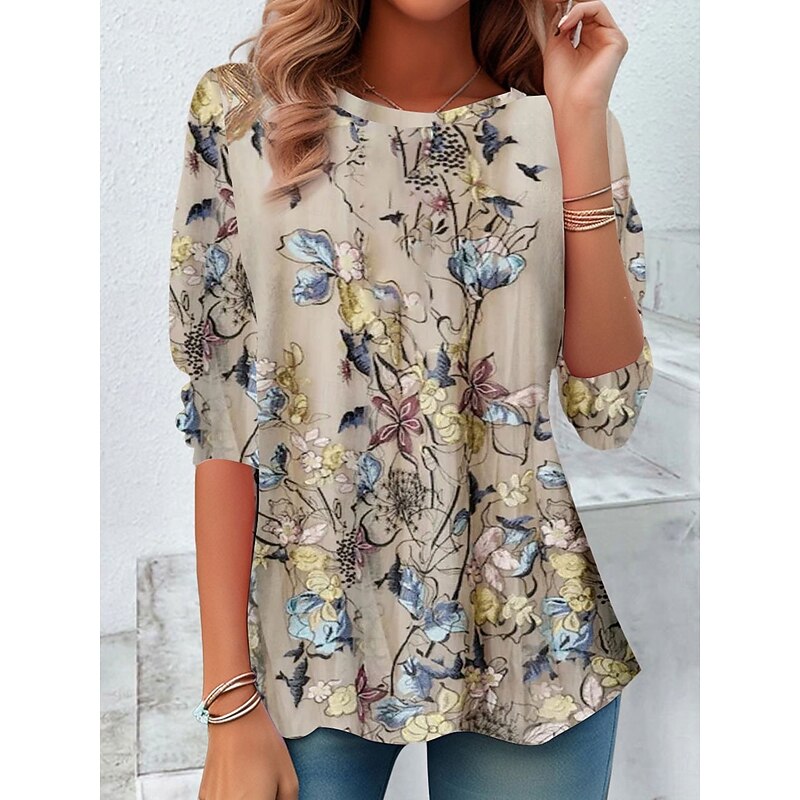 Women's T shirt Long Sleeve Crew Neck Long Sleeve Tunic Floral Casual Regular Tops Daily Print Beige Spring Fall Prefall