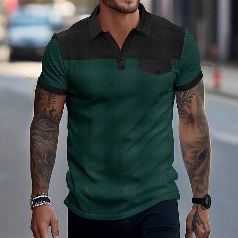 Men's Golf Shirt Waffle Knit Polo Shirt Business Casual Classic Short Sleeve Fashion Modern Color Block Buttons Pocket Summer Spring Regular Fit Burgundy Green Khaki Gray Golf Shirt