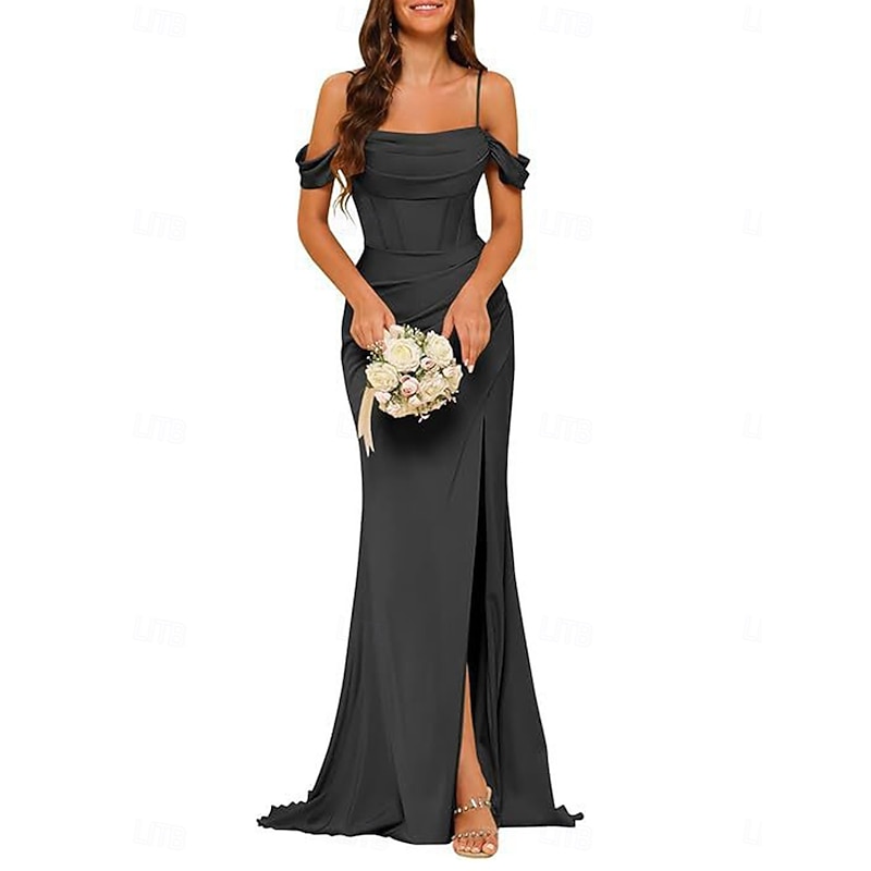 A-Line Bridesmaid Dress Spaghetti Strap Sleeveless Elegant Floor Length Nylon with Split Front 2022