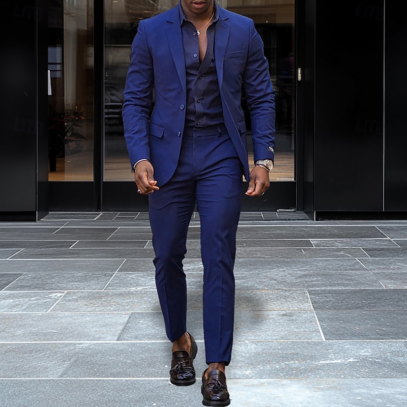 Men's Business Casual Suits Notch Lapel Royal Blue Fashion Daily Solid Colored Standard Fit 2 Piece Single Breasted Two-buttons3