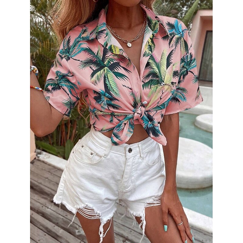 Women's Shirt Long Sleeve Button Down Blouse Leaf Stylish Beach Short Sleeve Shirt Collar Regular Tops Daily Buttons Print White Pink Green Spring Fall4