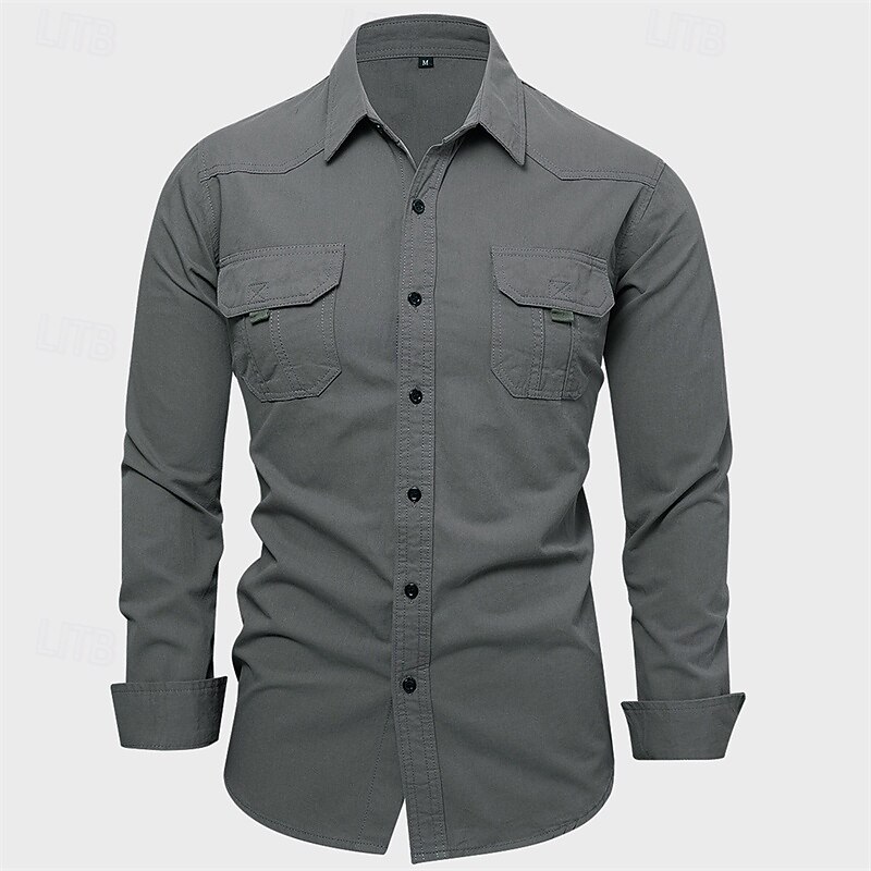 Men's Shirt Summer Shirt Casual Shirt Button Up Shirt Black khaki Army Green Gray Long Sleeve Plain Lapel Vacation Holiday Pocket Clothing Apparel Polyester Fashion Casual Comfortable3
