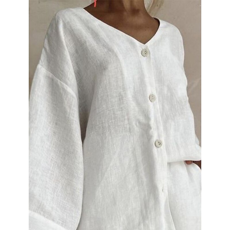 Women's Fashion Streetwear Daily Shirt Linen-Inspired Sets Two Piece Sets Baggy Shorts Long Sleeve V Neck Plain Casual Daily Black White Blue Summer Regular Fit2