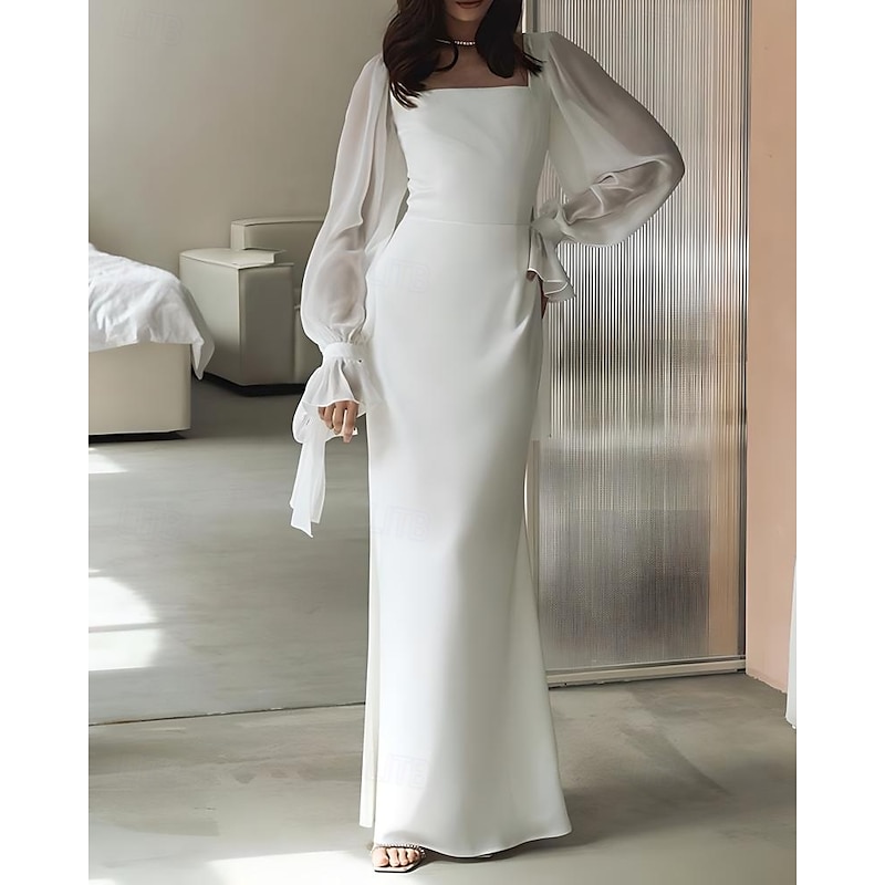 Reception Little White Dresses Wedding Dresses Sheath / Column Square Neck Long Sleeve Floor Length Chiffon Bridal Gowns With Bow(s) Solid Color