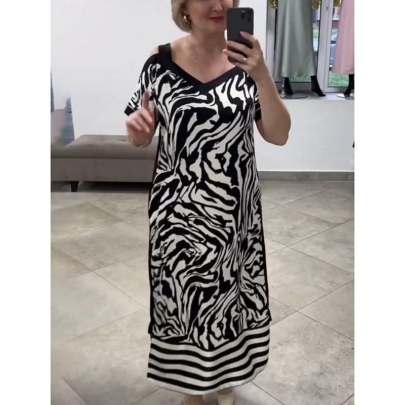 Women's Maxi Dress Casual Dress A Line Dress Stylish Casual Vacation Daily Regular Fit Graphic Letter Short Sleeve V Neck Black White Summer