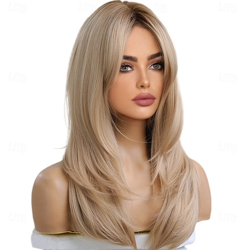 Long Blonde Wig for Women Layered Synthetic Heat Resistant Straight Hair Wig with Dark Roots Natural Realistic Wig for Daily Party2