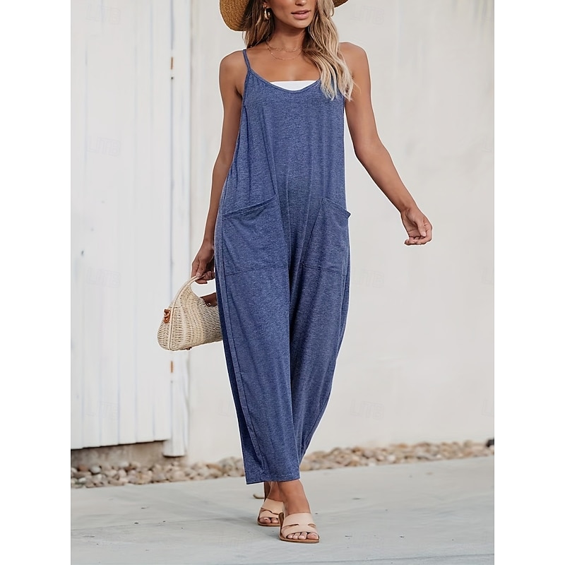 Women's Normal Overall Active Solid Color Sleeveless V Neck Pocket Vacation Daily Regular Fit Royal Blue Summer4