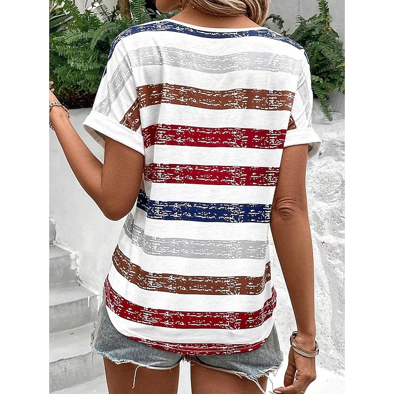Women's T Shirt Striped Stylish Casual Short Sleeve V Neck Regular Tops Daily Print Red Summer2