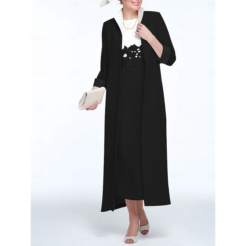 Two Piece Sheath Mother of the Bride Dress Wedding Guest Church Elegant Jewel Neck Ankle Length Stretch Fabric Sleeveless with Appliques Race Day Dress