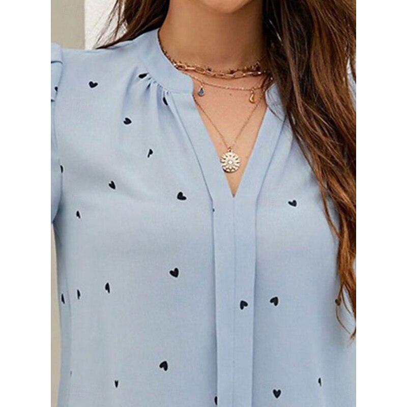 Women's Shirt Blouse Heart Elegant Daily Stylish Short Sleeve V Neck Regular Tops Work Daily Holiday Print Black Pink Beige Light Blue Summer Spring3