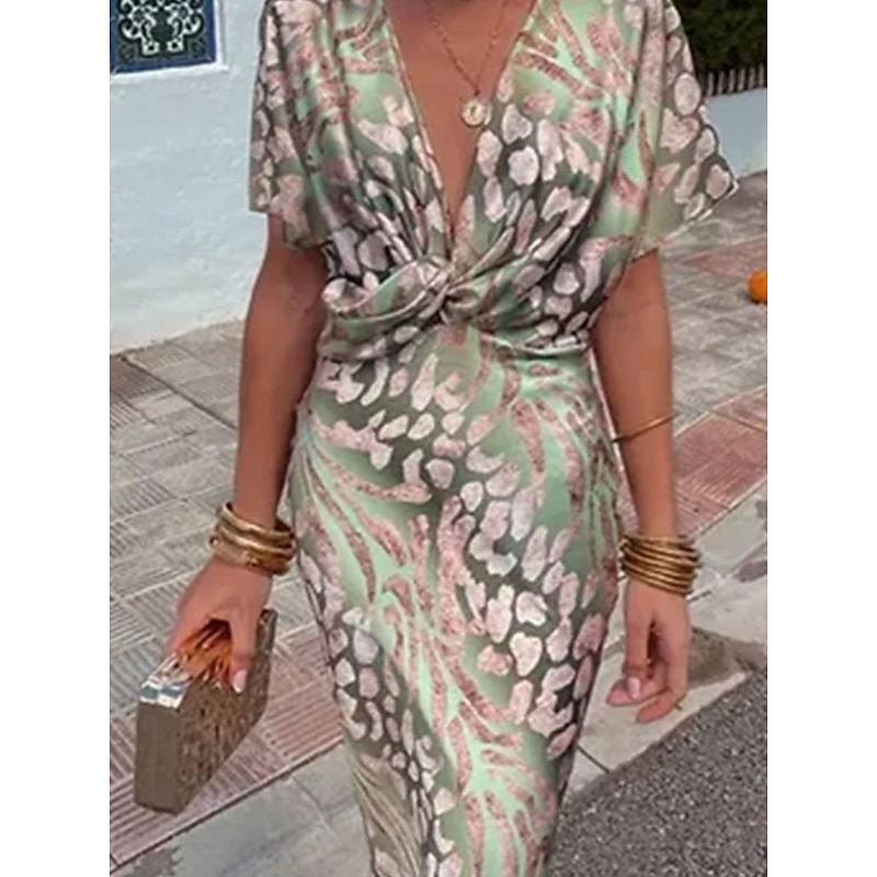 Women's Maxi Dress Semi Formal Dress Wrap Dress Stylish Casual Semi Formal Formal Vacation Party Regular Fit Graphic Short Sleeve V Neck Light Green Summer Spring2
