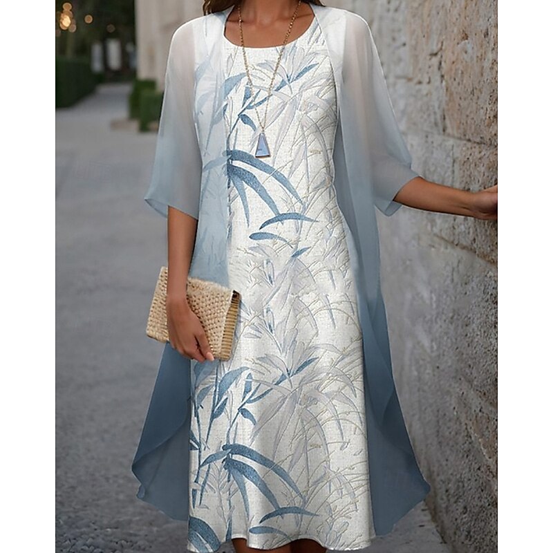 Women's Fashion Streetwear Skirt Sets 3/4 Length Sleeve Bell Sleeve Crew Neck Plant Lace Print Daily Wear Date Blue Green Gray Spring Regular Fit3