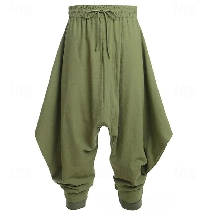 Men's Linen Pants Trousers Summer Pants Baggy Pants Harem Pants Drawstring Elastic Waist Plain Comfort Breathable Full Length Outdoor Casual Holiday Fashion Classic Style Black Green4