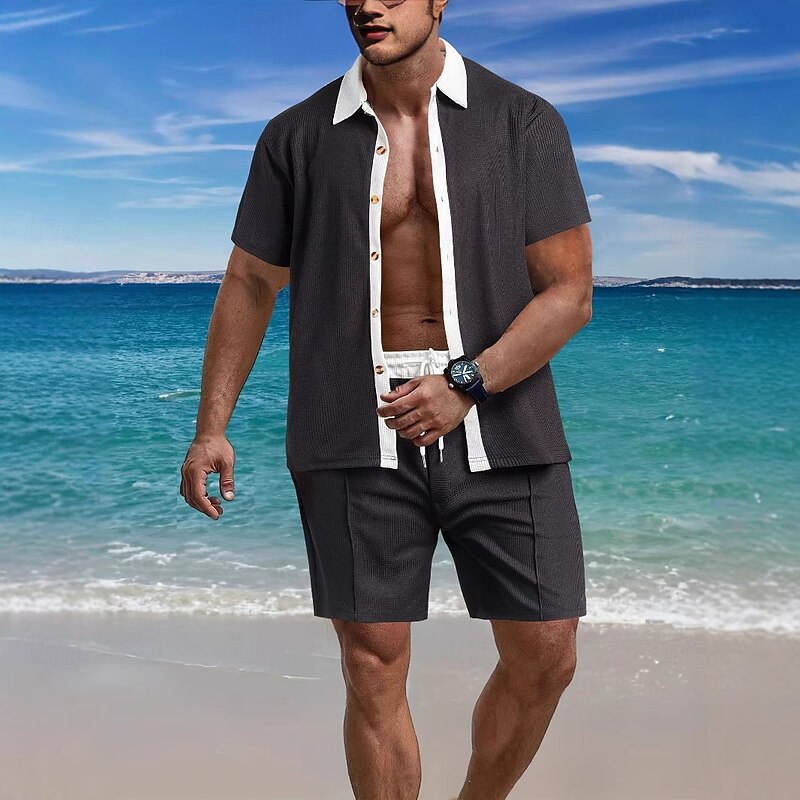 Men's T-shirt Suits 2 Pieces Outfits Tee & Shorts Short Sleeve Lapel Summer Color Block Fashion Casual 2 Piece Vacation Daily Wear Going out Black White Wine Top Tee for Men2