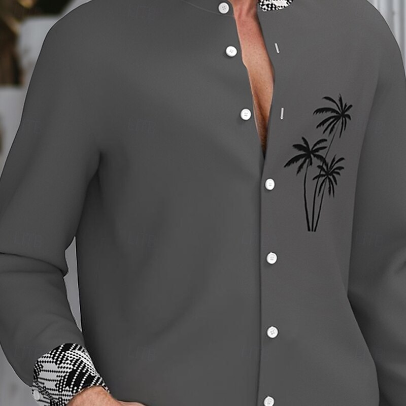 Men's Coconut Tree Tropical Plants Shirt Summer Hawaiian Shirt Collarless Shirt Long Sleeve Hawaiian Resort Vacation Casual Holiday Summer Spring Standing Collar 3D Print Button Down Shirts Dark Green2