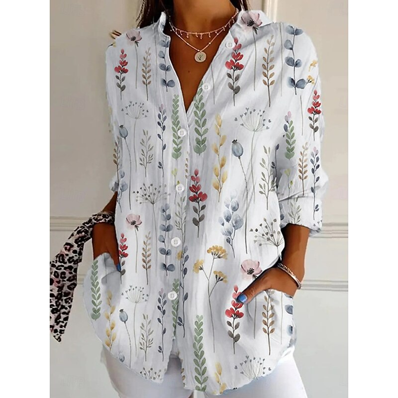 Women's Shirt Button Down Tunic Shirt Collar Long Sleeve Floral Graphic Daily Stylish Retro Vintage Regular Tops Daily Holiday Going out s White Spring