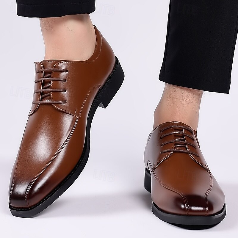 Men's Brown Faux Leather Dress Shoes with Lace-up Design, Elegant Formal Footwear for Office, Weddings  and Special Events4