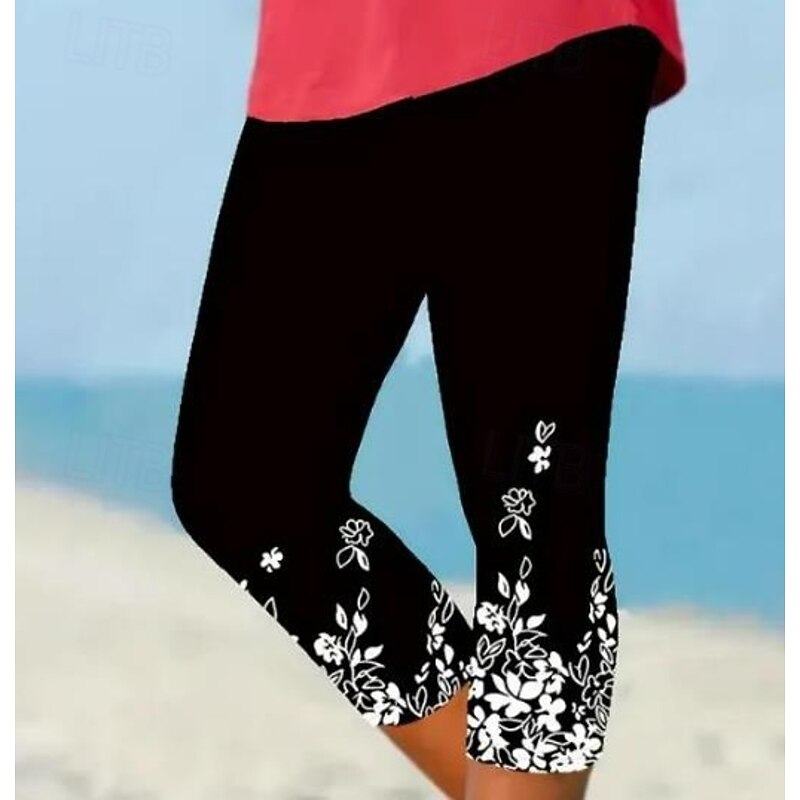 Women's Leggings Capri Pants High Elasticity Fashion Full Length Mid Waist Layered Print  Casual Daily Black Grey Summer Regular Fit2