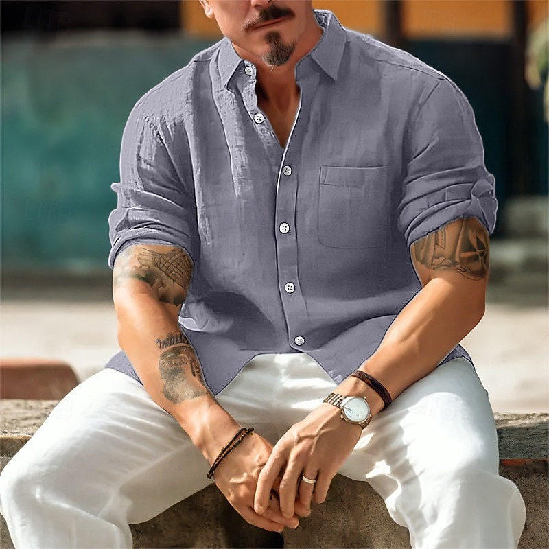Men's Shirt Linen Shirt Summer Shirt Beach Wear Casual Shirt Button Up Shirt Plain Casual Daily Black Navy Blue Brown Gray Long Sleeve Turndown Spring & Summer Clothing Apparel Front Pocket4