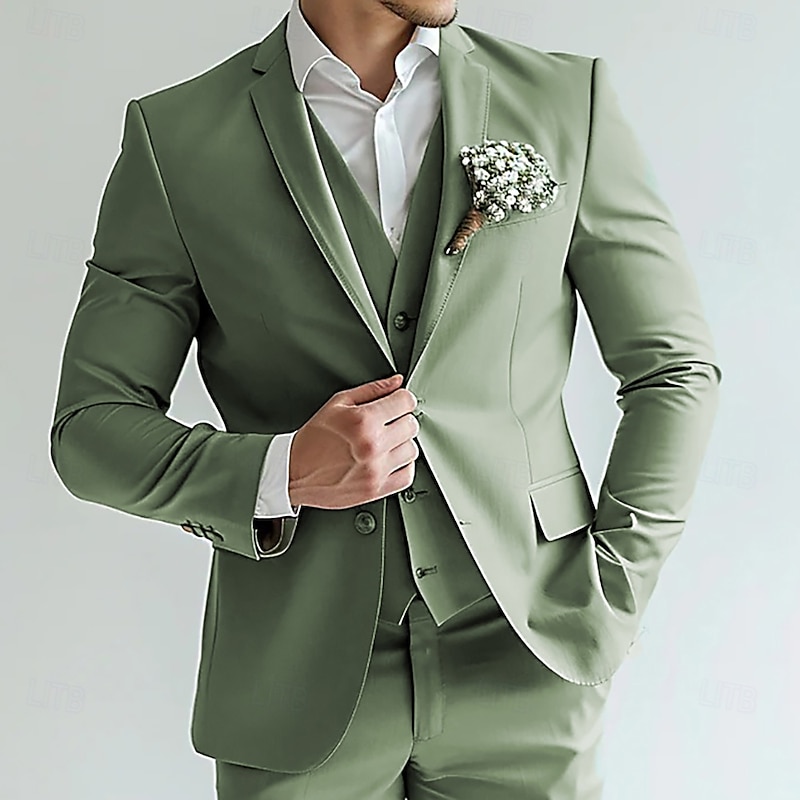 Men's Wedding Business Suits Notch Lapel Sage Fashion Solid Colored Standard Fit 3 Piece Single Breasted Two-buttons2