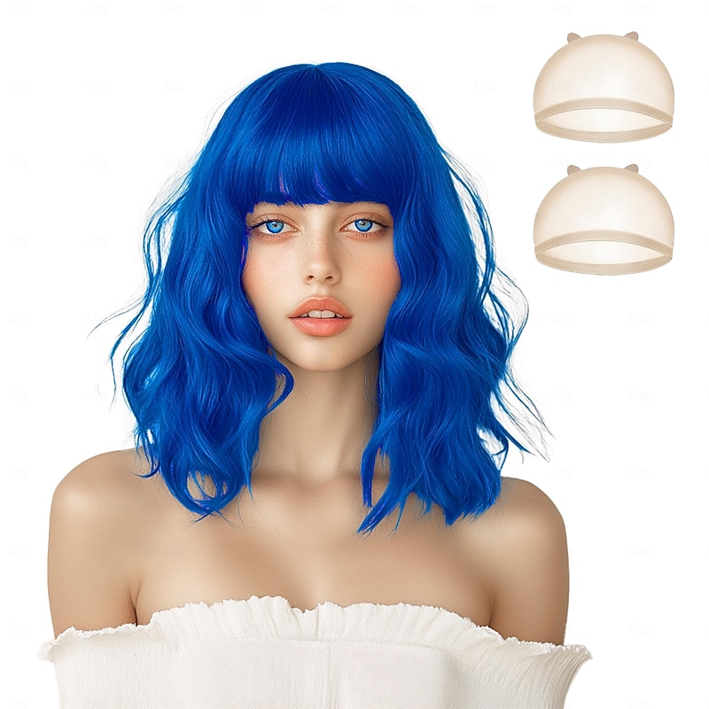 Blue Wigs for Women and Girl, Wavy Dark Blue Wig Short Blue Hair Wig, Natural Bob Blue Wig with Bangs, Shoulder Length Blue Curly Wig, Synthetic Cosplay Wig2