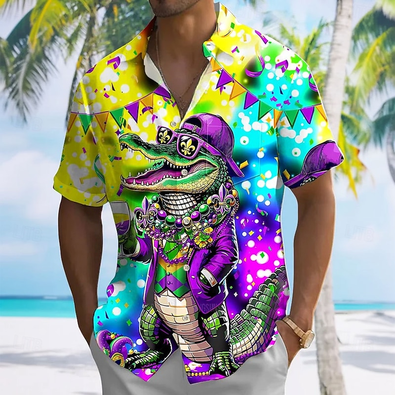 Mardi Gras Men's Crocodile Carnival Shirt Button Up Shirt Short Sleeve Fashion Casual Vacation Gift Holiday Summer Spring Turndown Collared Shirts Front One Pocket Yellow