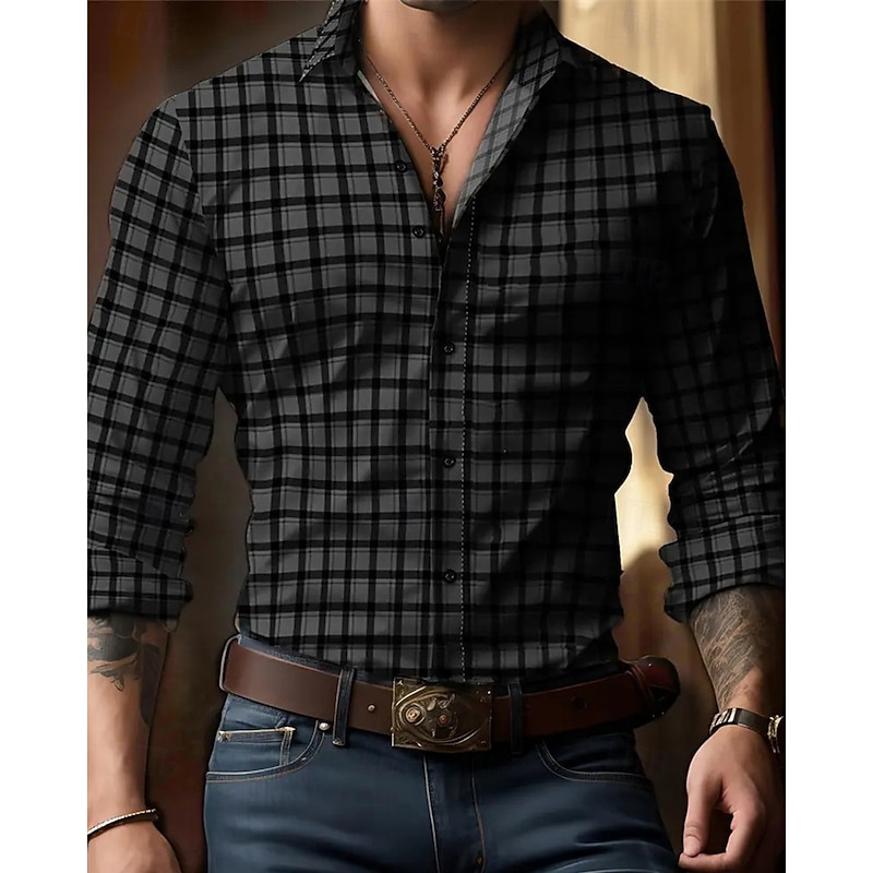 Men's Shirt Summer Shirt Casual Shirt Button Up Shirt Light Khaki Black khaki Gray Long Sleeve Plaid Lapel Vacation Hawaiian Buttons Clothing Apparel Polyester Fashion Casual Comfortable4