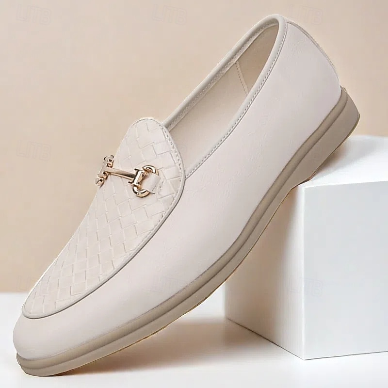 Men's White Faux Leather Slip-On Loafers with Woven Detail and Gold Buckle – Elegant Casual Shoes for Work and Formal Occasions