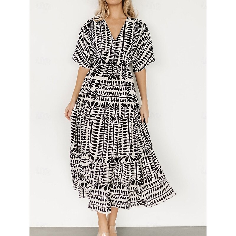 Women's Midi Dress Casual Dress Boho Chic Dresses Boho Dress Bohemia Vintage Stylish Vacation Casual Daily Regular Fit Stripe Short Sleeve V Neck Black Light Green Light Blue Summer Spring