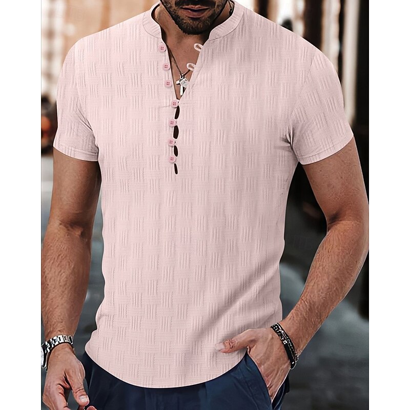 Men's Shirt Popover Shirt Summer Shirt Casual Shirt Beach Shirt Black White Pink Blue Beige Short Sleeve Plain Band Collar Vacation Hawaiian Jacquard Clothing Apparel Fashion Casual Comfortable4
