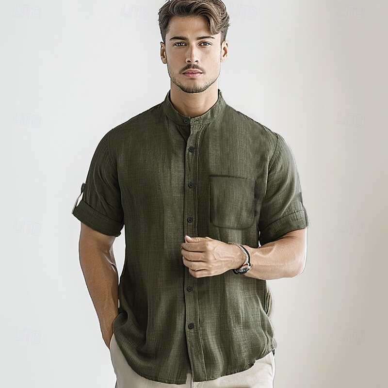 Men's 100% Cotton Collarless Shirt Black White Light Grey Army Green Beige Short Sleeve Tab Solid Color Standing Collar School Formal Buttons Clothing Apparel Elegant Vacation Vintage Tropical