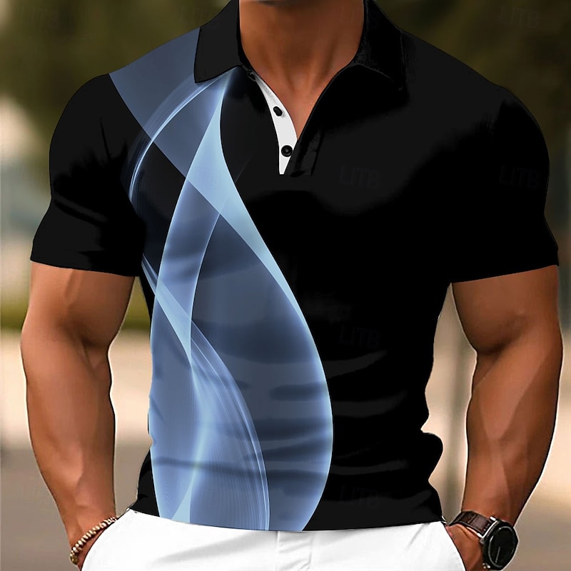 Men's Geometic Line Polo Short Sleeve Polo Shirts Collared Shirts Casual School Outdoor Daily Wear Home Wear 3D Print Summer White Blue Gray2