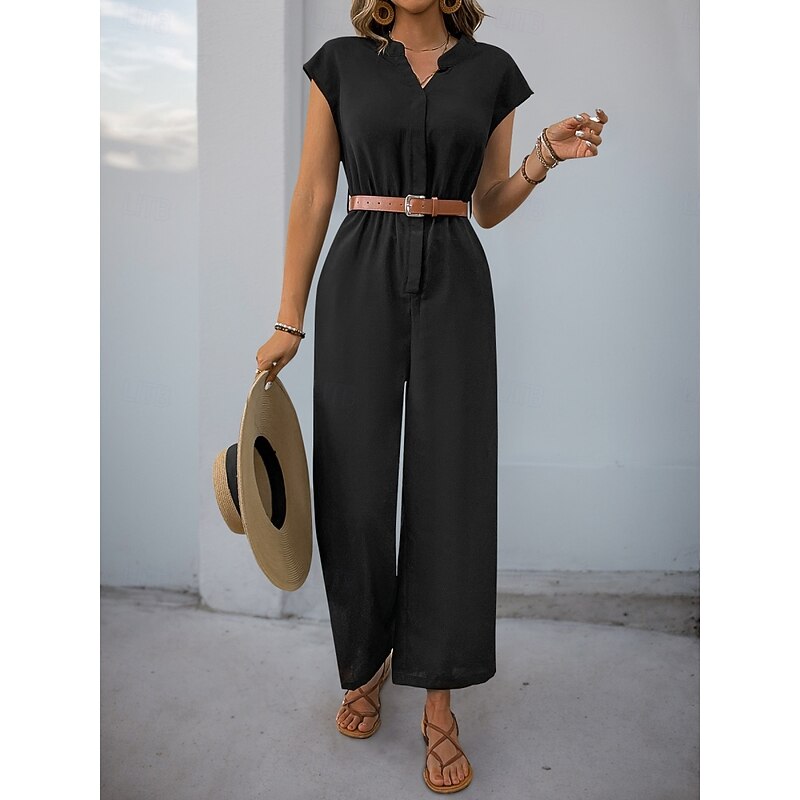 Women's Normal Jumpsuit Streetwear Solid Color Short Sleeve V Neck Buttons High Waist Vacation Office Regular Fit Black Summer
