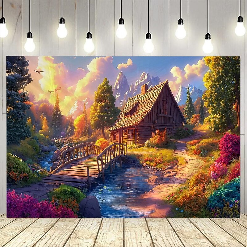 A Rural cottage path scenery Tapestry Wall Art Large Tapestry Mural Decor Photograph Backdrop Blanket Curtain Home Bedroom Living Room Decoration2