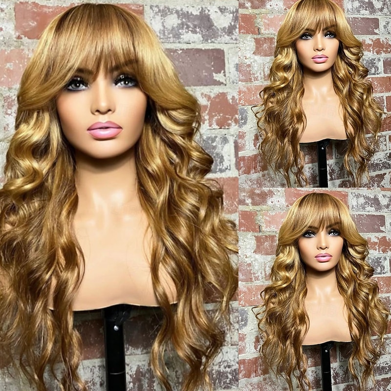 Remy Human Hair 5x5 Closure 13x4 Lace Front Wig With Bangs Brazilian Hair Wavy Multi-color Wig 130% 150% Density Highlighted / Balayage Hair Glueless Pre-Plucked For Women Long Human Hair Lace Wig3