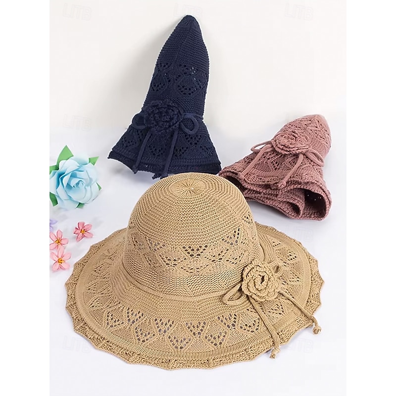 Women's Bohemian Crochet Sun Hat with 3D Floral Decoration - Foldable, Lightweight and Breathable, Perfect for Summer, Beach and Outdoor Activities3