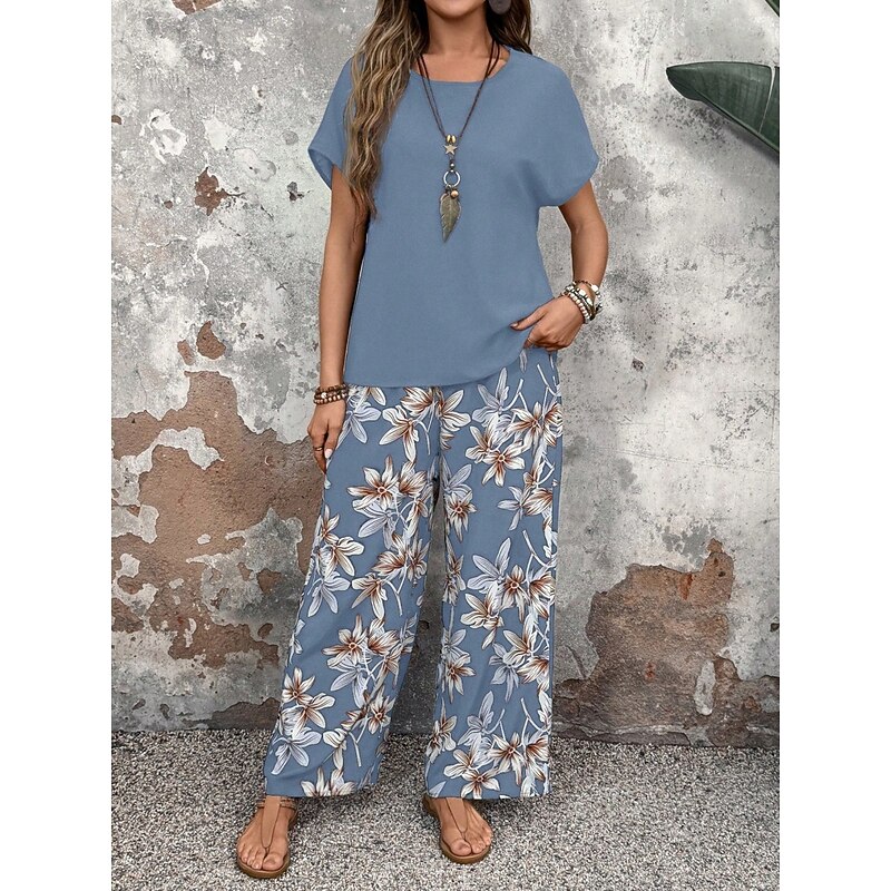 Women's Fashion Streetwear Daily T Shirt Wide Leg Pants Short Sleeve Crew Neck Floral Drawstring Casual Daily Black Navy Blue Green Summer Regular Fit