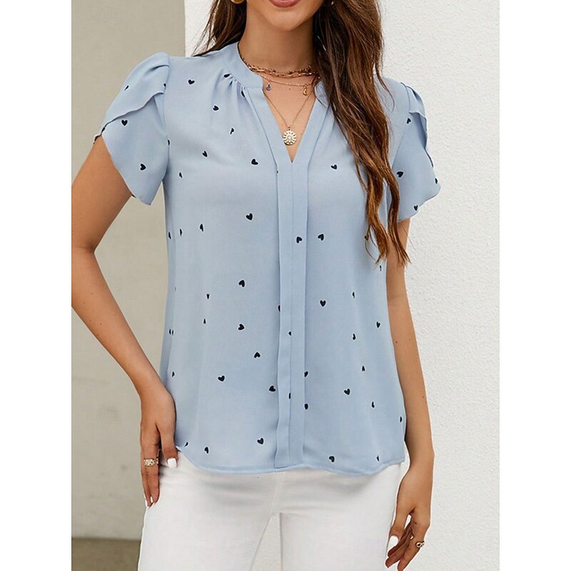 Women's Shirt Blouse Heart Elegant Daily Stylish Short Sleeve V Neck Regular Tops Work Daily Holiday Print Black Pink Beige Light Blue Summer Spring