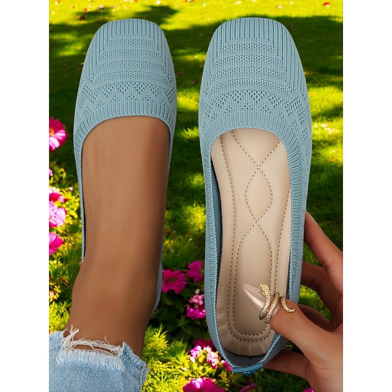 Women's Light Blue Knit Flats – Breathable Square-Toe Slip-On Shoes with Cushioned Insole for Work & Casual Wear