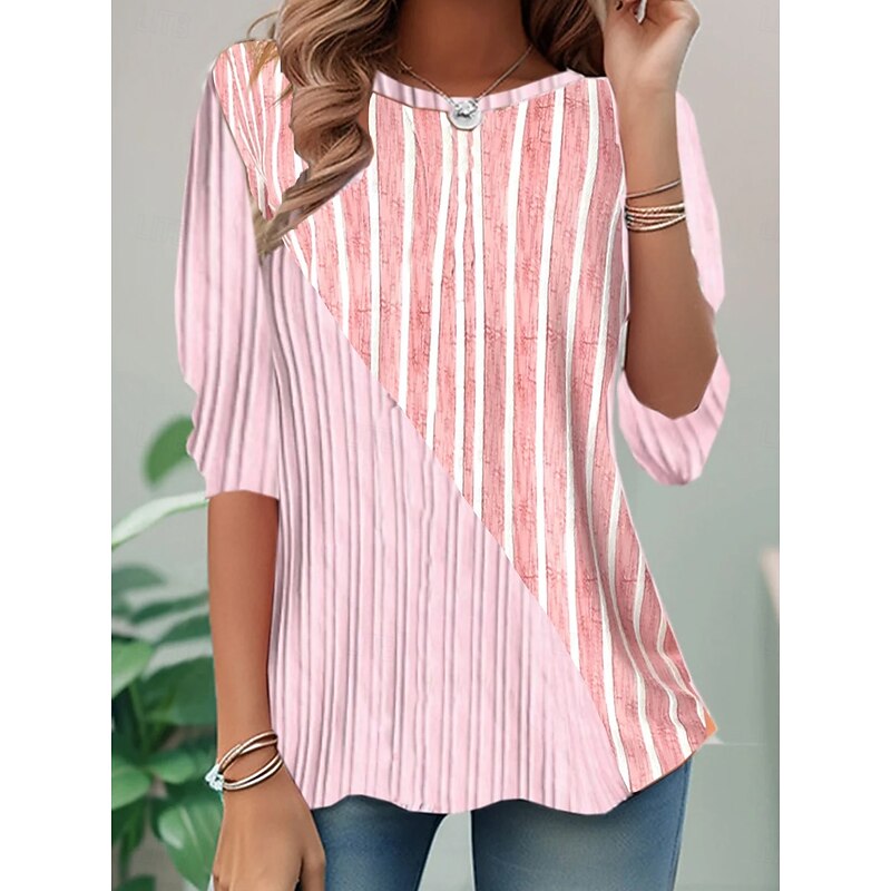 Women's T shirt Crew Neck Long Sleeve Tunic Graphic Striped Elegant Vintage  Regular Tops Daily Going out Weekend Print Pink