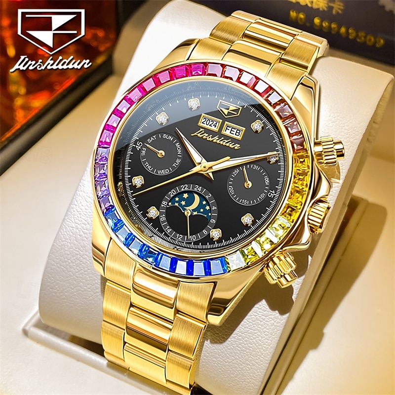 New Men'S Luminous Business Watch Perpetual Calendar Moon Phase Display Colorful Diamond Multi-Function Automatic Mechanical Watch Waterproof Sports Leisure Men'S Watch