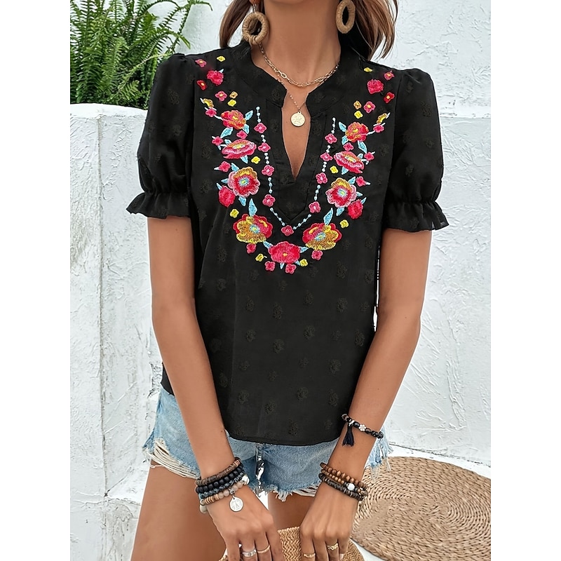 Women's T Shirt Floral Fashion Modern Casual Short Sleeve Notched Neck Regular Tops Daily Weekend Ruffle Patchwork Embroidered Black Summer4